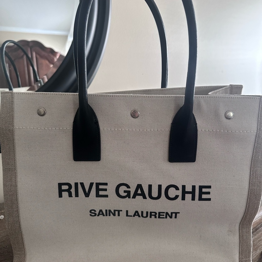 Saint Laurent Rive Gauche Canvas Tote in Cream and Black